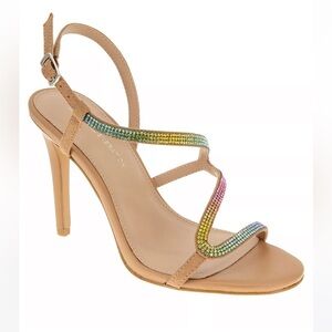 NWOT. BCBG Tan Rainbow Strap Heel Sandals Size 8